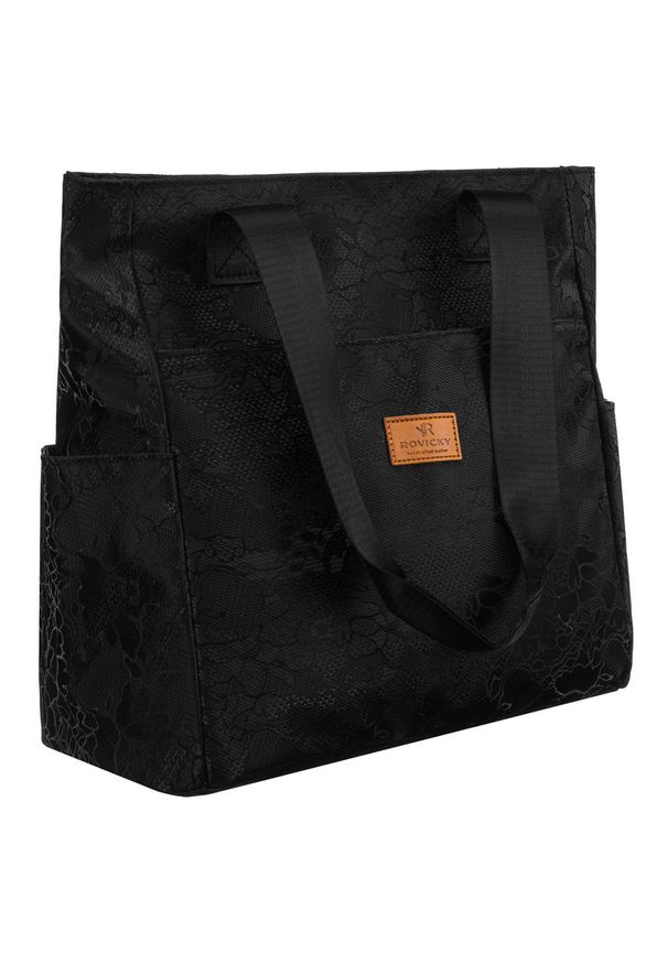 ROVICKY - Czarny shopper damski z poliestru zawieszony na wygodnych uchwytach z zewnętrzną kieszonką na suwak Rovicky R-TZ-01. Kolor: czarny. Wzór: aplikacja
