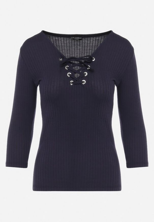 Born2be - Granatowa Bawełniana Bluzka w Prążki z Gorsetowym Wiązaniem Przy Dekolcie Jarelis. Typ kołnierza: dekolt gorset. Kolor: niebieski. Materiał: bawełna. Wzór: prążki