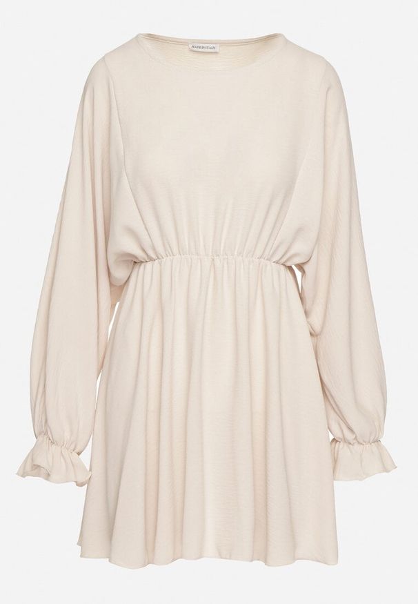 Born2be - Jasnobeżowa Sukienka o Rozkloszowanym Kroju z Ozdobnymi Mankietami Terellea. Okazja: na co dzień. Kolor: beżowy. Materiał: jeans. Długość rękawa: długi rękaw. Styl: casual, elegancki, klasyczny