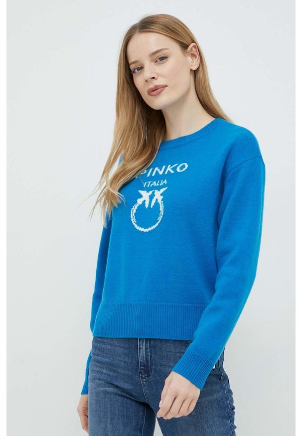 Pinko sweter wełniany damski kolor niebieski. Kolor: niebieski. Materiał: wełna