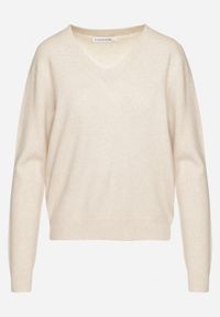 Born2be - Beżowy Sweter z Wiskozą i Wełną z Dekoltem w Serek Claida. Okazja: na co dzień. Typ kołnierza: dekolt w serek. Kolor: beżowy. Materiał: wełna, wiskoza. Styl: casual