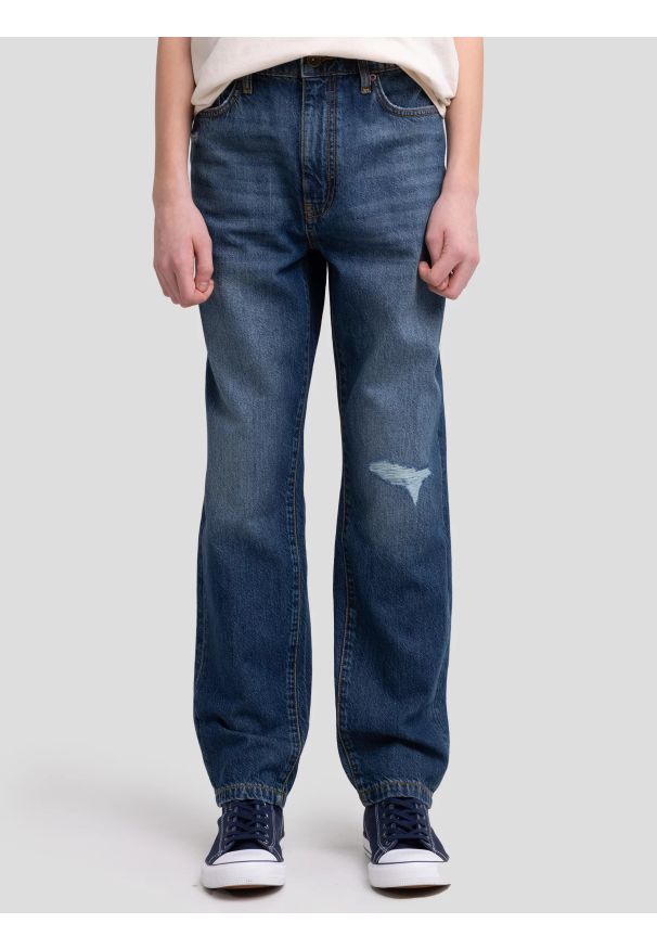 Big-Star - Jeansy chłopięce loose z przetarciami granatowe Isaam 459. Okazja: na co dzień, na uczelnię. Stan: podwyższony. Kolor: niebieski. Materiał: jeans. Styl: casual