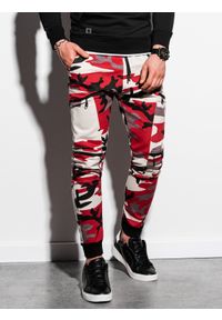 Ombre Clothing - Spodnie męskie joggery P997 - moro/czerwone - L. Kolor: czerwony. Materiał: bawełna, elastan. Wzór: moro #3