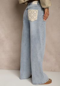 Renee - Niebieskie Szerokie Jeansy High Waist Zdobione Haftem na Kieszeni Thaola. Stan: podwyższony. Kolor: niebieski. Wzór: aplikacja, haft. Styl: klasyczny, boho #5