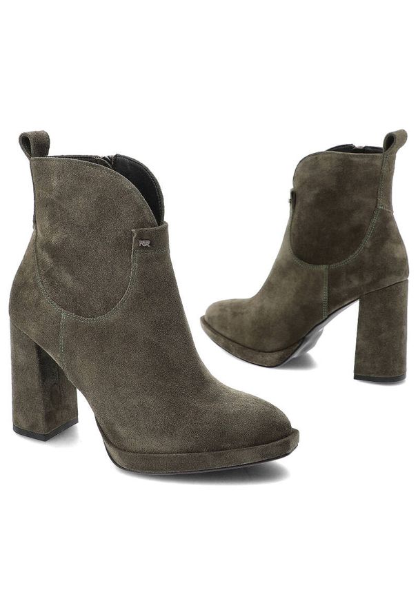 Zielone Botki Karino Modne Buty Damskie. Okazja: na co dzień. Kolor: zielony. Materiał: skóra, welur, materiał, syntetyk, futro. Wzór: aplikacja. Sezon: zima, jesień. Obcas: na obcasie. Styl: klasyczny, casual, elegancki. Wysokość obcasa: średni