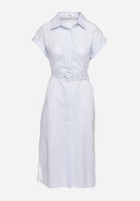 Born2be - Niebieska Bawełniana Sukienka Koszulowa z Materiałowym Paskiem w Talii Nelarinda. Typ kołnierza: kołnierzyk klasyczny. Kolor: niebieski. Materiał: bawełna, materiał. Typ sukienki: koszulowe. Styl: klasyczny, elegancki #3