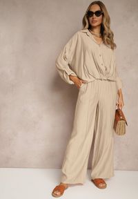 Renee - Jasnobeżowy Komplet z Wiskozy w Stylu Oversize Szerokie Spodnie i Luźna Koszula na Guziki Natinne. Kolor: beżowy. Materiał: wiskoza #5