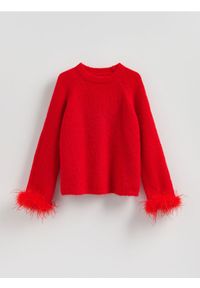 Reserved - Sweter z ozdobnym detalem - czerwony. Kolor: czerwony. Materiał: dzianina, wełna #1