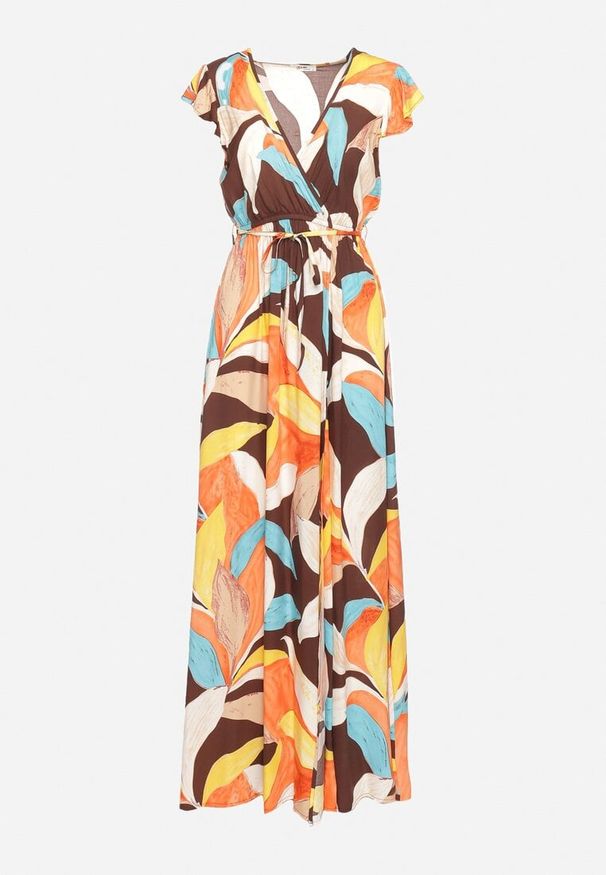 Born2be - Pomarańczowo-Brązowa Sukienka z Kopertowym Dekoltem z Gumką w Pasie i Materiałowym Paskiem z Rozcięciem Davetta. Okazja: do pracy. Typ kołnierza: dekolt kopertowy. Kolor: pomarańczowy. Materiał: materiał. Sezon: lato. Typ sukienki: kopertowe