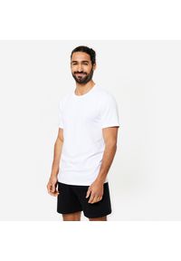 DOMYOS - Koszulka z krótkim rękawem męska Domyos Gym & Pilates 100 Sportee. Kolor: biały. Materiał: materiał, prążkowany, bawełna, tkanina, elastan. Długość rękawa: krótki rękaw. Długość: krótkie. Wzór: ze splotem. Sport: joga i pilates