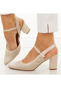 Cieliste ażurowe czółenka damskie na słupku Sergio Leone Sk447. Materiał: skóra. Szerokość cholewki: normalna. Wzór: ażurowy. Sezon: wiosna, lato. Obcas: na słupku. Styl: wizytowy, klasyczny, elegancki #1