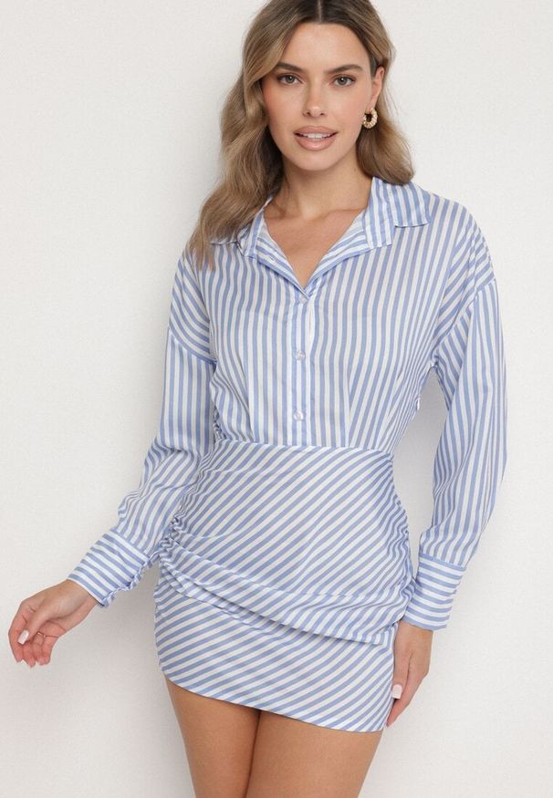 Born2be - Jasnoniebieska Koszulowa Sukienka w Paski o Dopasowanym Kroju Meveira. Okazja: na imprezę. Typ kołnierza: kołnierzyk klasyczny. Kolor: niebieski. Długość rękawa: długi rękaw. Wzór: paski. Typ sukienki: koszulowe. Styl: klasyczny