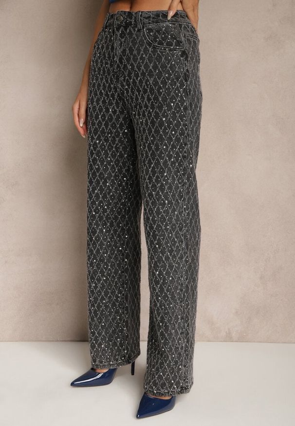 Renee - Szare Szerokie Jeansy High Waist z Cyrkoniowymi Zdobieniami Zarilene. Stan: podwyższony. Kolor: szary. Wzór: aplikacja. Styl: glamour, klasyczny