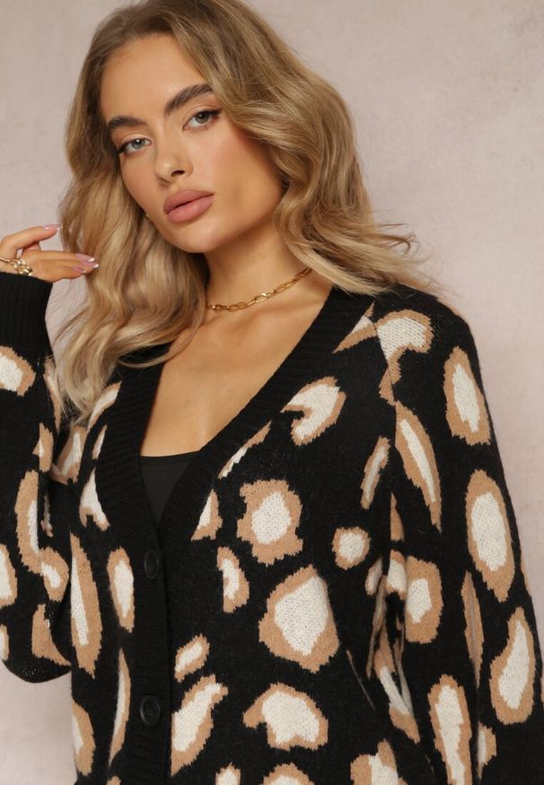 Renee - Czarny Luźny Kardigan Zapinany Klimonta. Kolor: czarny. Materiał: dzianina, tkanina