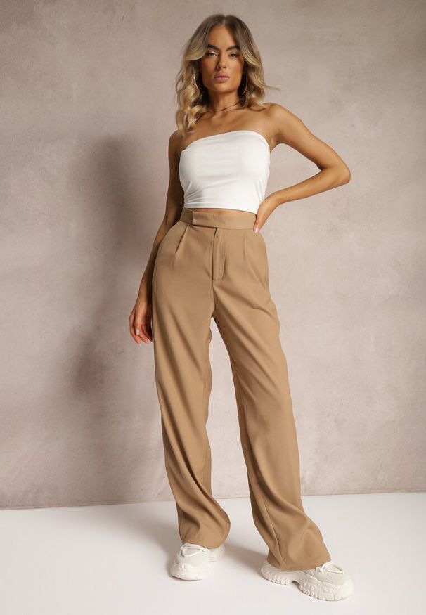 Renee - Ciemnobeżowe Szerokie Spodnie z Zapięciem na Haczyk Brutris. Okazja: na co dzień. Stan: podwyższony. Kolor: beżowy. Styl: casual, elegancki