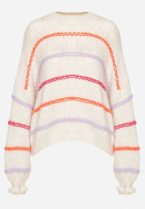 Born2be - Jasnobeżowy Sweter Przeplatany Kolorowymi Nitkami z Domieszką Wełny Romirya. Okazja: na co dzień. Kolor: beżowy. Materiał: wełna. Długość: długie. Wzór: kolorowy. Styl: casual