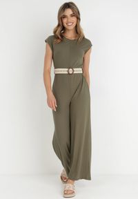 Born2be - Ciemnozielony Kombinezon z Paskiem Thalaera. Kolor: zielony. Materiał: prążkowany, dzianina. Długość rękawa: krótki rękaw. Długość: krótkie. Wzór: jednolity. Sezon: lato. Styl: boho #1