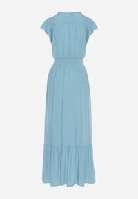 Born2be - Jasnoniebieska Bawełniana Sukienka Maxi z Kopertową Górą Rozkloszowana Xaliara. Okazja: na wesele, na ślub cywilny, na imprezę. Kolor: niebieski. Materiał: bawełna. Sezon: lato. Typ sukienki: kopertowe. Długość: maxi #4