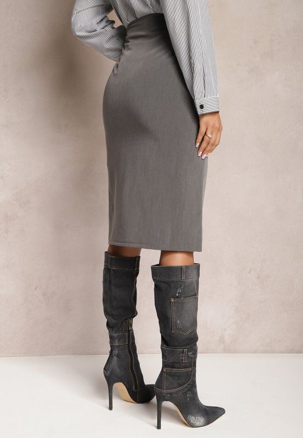 Renee - Szara Ołówkowa Spódnica Midi z Rozcięciem Arathora. Kolor: szary
