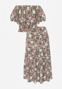 Born2be - Zielony 2-częściowy Komplet Bawełniany w Kwiaty z Topem i Spódnicą Odeleti. Kolor: zielony. Materiał: bawełna. Wzór: kwiaty #7