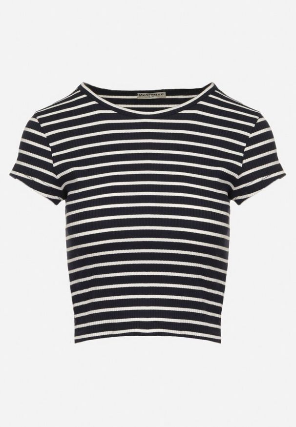 Born2be - Granatowo-Biały Bawełniany T-shirt Prążkowany o Krótkim Kroju Quedara. Kolor: niebieski. Materiał: bawełna, prążkowany. Długość: krótkie. Sezon: lato
