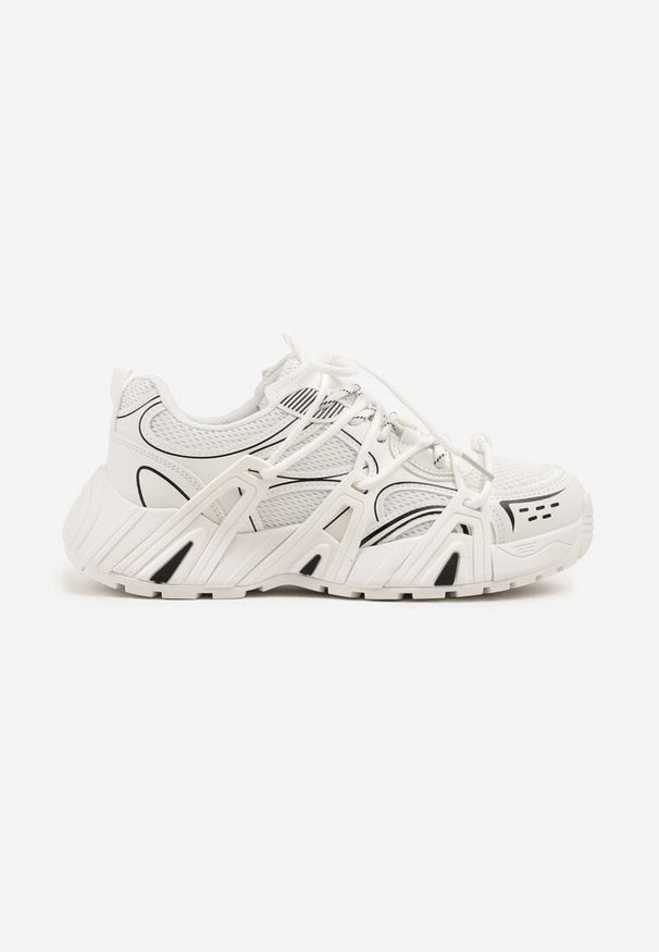 Born2be - Białe Sneakersy z Grubą Podeszwą i Ozdobnym Sznurowaniem Julisca. Okazja: na co dzień. Zapięcie: sznurówki. Kolor: biały. Materiał: jeans, materiał, skóra