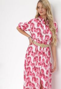 Born2be - Fuksjowa Rozkloszowana Sukienka Maxi z Plecionym Paskiem i Wsuwanymi Kieszeniami Suttyn. Kolor: różowy. Długość rękawa: długi rękaw. Sezon: wiosna, lato. Długość: maxi #3