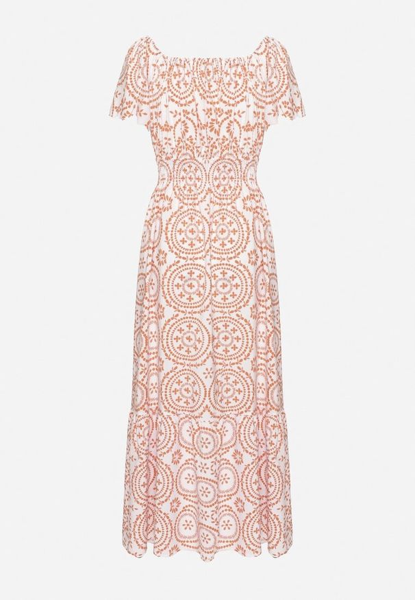 Born2be - Biało-Pomarańczowa Rozkloszowana Sukienka z Bawełną i Abstrakcyjnym Wzorem Ldivoria. Okazja: na spacer, na imprezę. Kolor: biały. Materiał: bawełna. Styl: elegancki