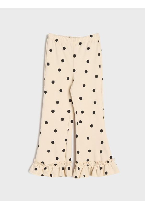 Sinsay - Spodnie flare w kropki z ozdobnymi falbankami - kremowy. Kolor: kremowy. Wzór: kropki