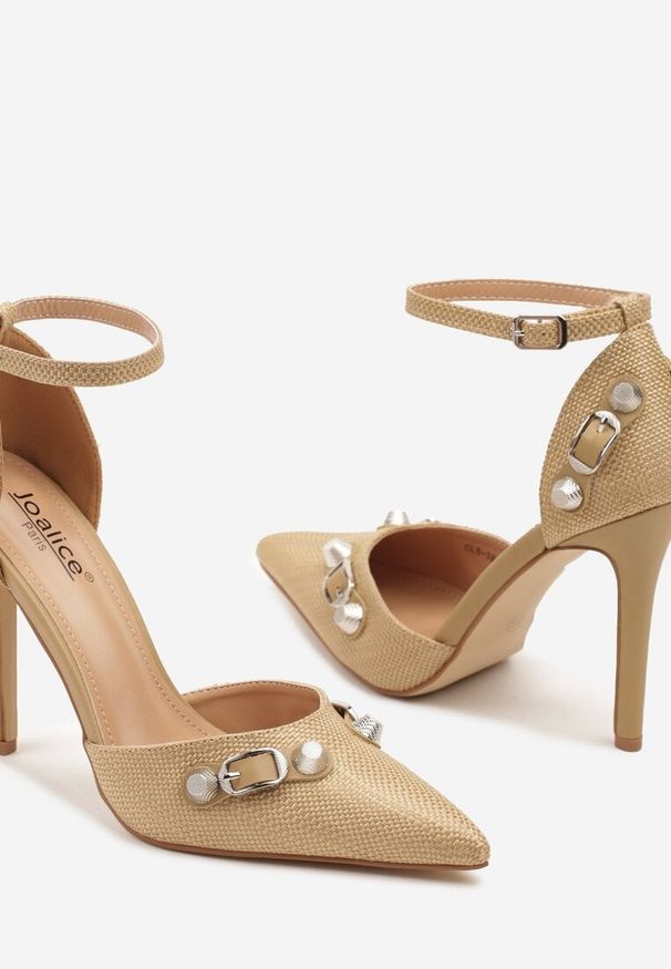 Born2be - Beżowe Szpilki z Plecionką i Metalicznymi Klamrami Ellirna. Zapięcie: klamry. Kolor: beżowy. Materiał: jeans. Wzór: aplikacja. Obcas: na szpilce. Styl: elegancki, klasyczny