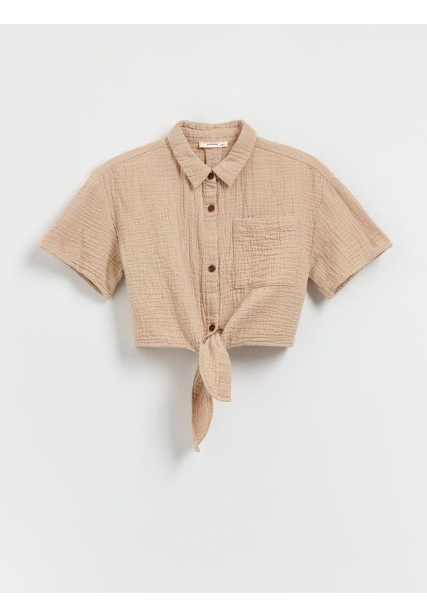 Reserved - Muślinowa koszula z wiązaniem - beżowy. Kolor: beżowy. Materiał: bawełna. Długość: krótkie