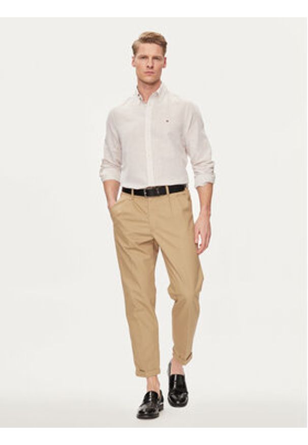 TOMMY HILFIGER - Tommy Hilfiger Koszula MW0MW34632 Beżowy Slim Fit. Kolor: beżowy. Materiał: len, bawełna