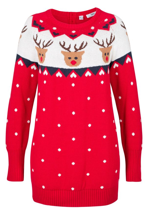 Sweter bożonarodzeniowy z motywem reniferów bonprix truskawkowy wzorzysty. Kolor: czerwony. Materiał: materiał, bawełna, akryl