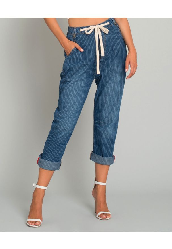 ONETEASPOON - Jeansy w paski z wiązaniem. Stan: podwyższony. Kolor: niebieski. Wzór: paski. Styl: elegancki