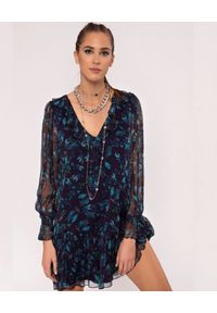 Nissa - NISSA - Jedwabna sukienka w niebieskie wzory. Kolor: czarny. Materiał: jedwab. Długość rękawa: długi rękaw. Wzór: kwiaty. Sezon: lato, wiosna. Długość: mini #1