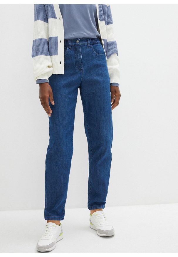 bonprix - Dżinsy Mom, High Wwaist, ze stretchem. Stan: podwyższony. Kolor: niebieski