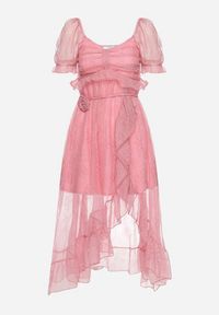 Born2be - Różowa Taliowana Sukienka z Bufiastymi Rękawami Ozdobiona Broszką i Falbanką Timadea. Kolor: różowy. Materiał: materiał. Wzór: aplikacja. Styl: elegancki #7