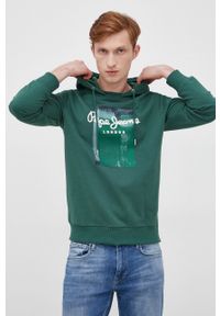 Pepe Jeans bluza bawełniana męska kolor zielony z kapturem z nadrukiem. Typ kołnierza: kaptur. Kolor: zielony. Materiał: bawełna. Wzór: nadruk