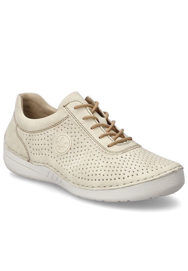 Skórzane półbuty damskie perforowane beżowe Rieker 52546-60. Kolor: beżowy. Materiał: skóra