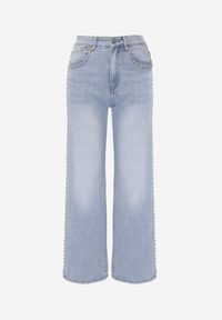 Renee - Niebieskie Szerokie Jeansy Ozdobione Nitami High Waist z Bawełną Typhele. Okazja: na co dzień. Stan: podwyższony. Kolor: niebieski. Wzór: aplikacja. Sezon: wiosna. Styl: casual, klasyczny #7