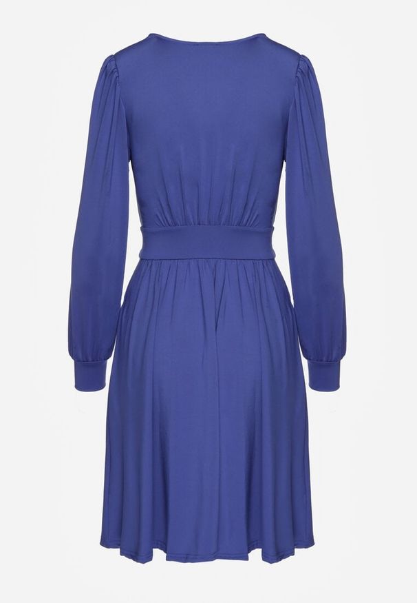 Renee - Niebieska Sukienka z Wiskozą o Rozkloszowanym Kroju Selaitea. Okazja: na randkę. Typ kołnierza: dekolt w serek. Kolor: niebieski. Materiał: wiskoza. Styl: elegancki