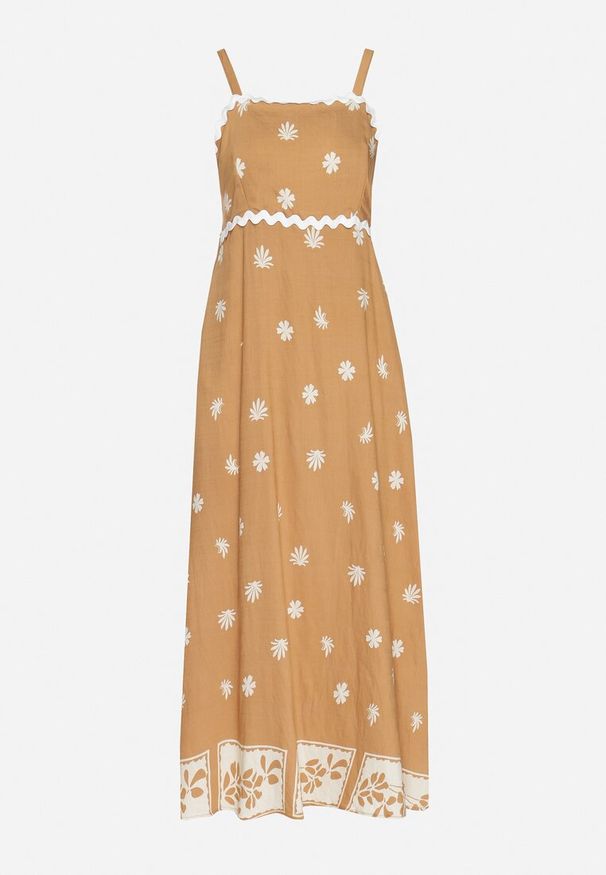 Born2be - Brązowa Wiskozowa Sukienka z Geometrycznym Wzorem Lenirisa. Okazja: na co dzień. Kolor: brązowy. Materiał: wiskoza. Długość rękawa: na ramiączkach. Wzór: geometria. Typ sukienki: proste. Styl: klasyczny, casual, elegancki