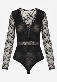 Renee - Czarne Body z Koronkowego Materiału z Głębokim Dekoltem Mehika. Kolor: czarny. Materiał: materiał, koronka #3