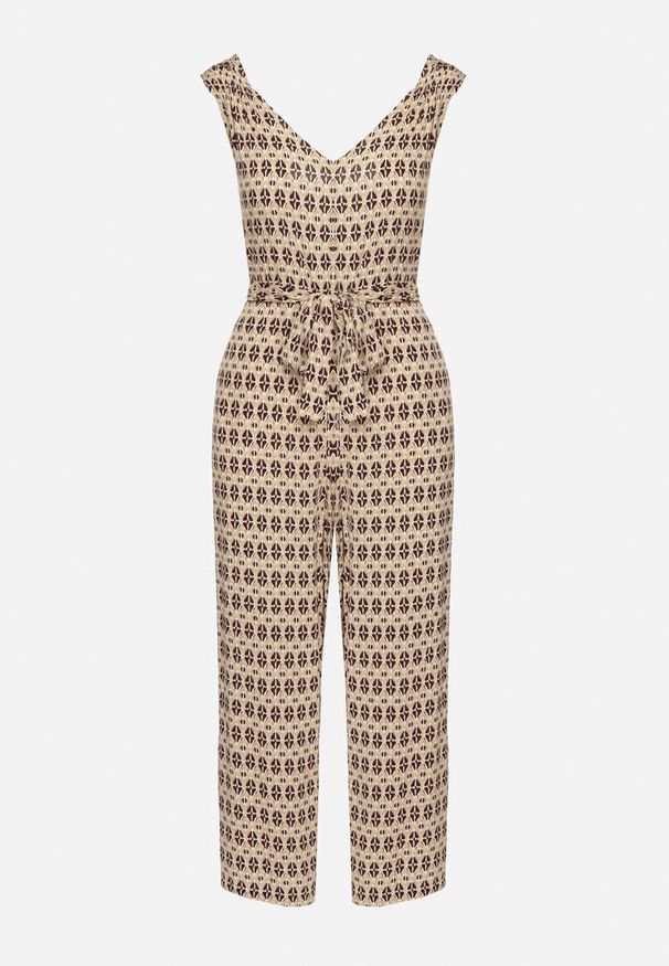 Born2be - Beżowy Wiskozowy Kombinezon o Taliowanym Kroju z Wiązaniem w Talii Radiada. Okazja: na co dzień. Kolor: beżowy. Materiał: wiskoza. Styl: elegancki, casual