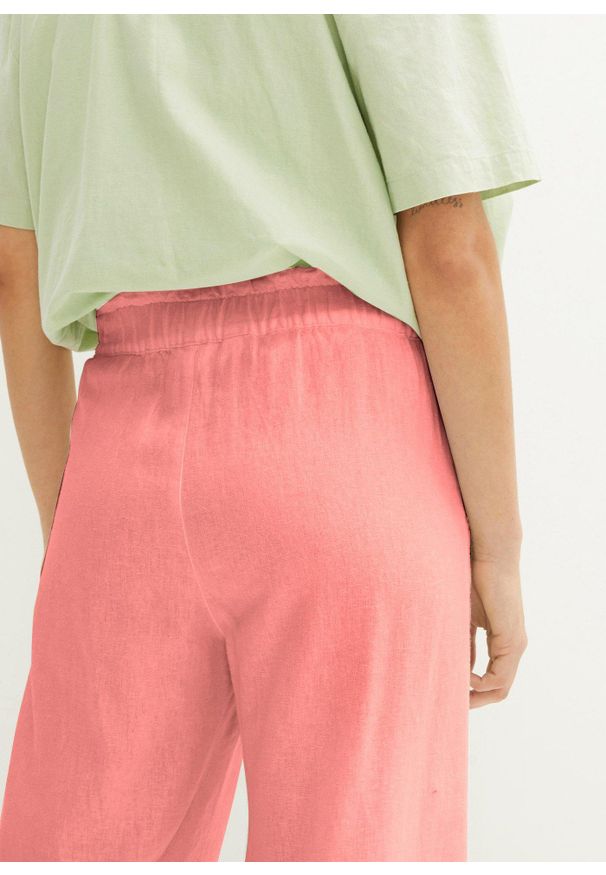 bonprix - Spodnie culotte z lnem, o regulowanej długości. Kolor: różowy. Materiał: len