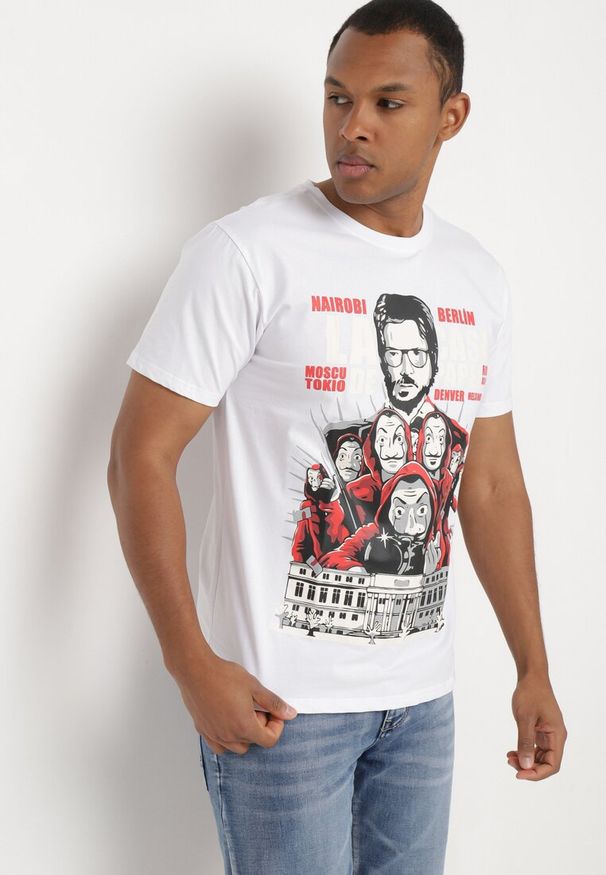 Born2be - Biały Klasyczny T-shirt z Bawełny z Dużym Nadrukiem Gunelia. Okazja: na co dzień. Kolor: biały. Materiał: bawełna. Wzór: nadruk. Styl: klasyczny