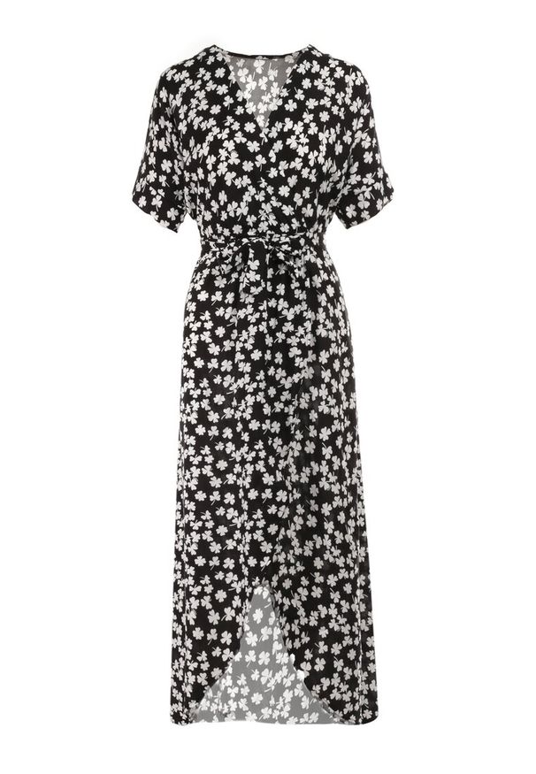 Born2be - Czarna Sukienka Achanie. Typ kołnierza: dekolt w serek. Kolor: czarny. Materiał: wiskoza, materiał. Długość rękawa: krótki rękaw. Typ sukienki: asymetryczne, kopertowe. Długość: maxi