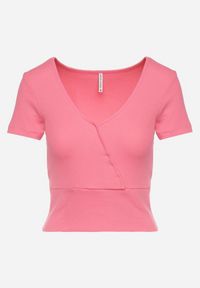 Born2be - Różowy Prążkowany T-shirt z Bawełny z Dekoltem w Serek Filunira. Okazja: na co dzień. Typ kołnierza: dekolt w serek. Kolor: różowy. Materiał: bawełna, prążkowany. Styl: elegancki, casual #7