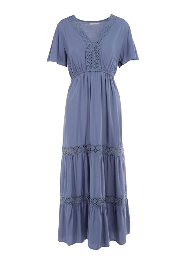 Born2be - Niebieska Sukienka Selphie. Kolor: niebieski. Materiał: tkanina, koronka. Długość rękawa: krótki rękaw. Wzór: ażurowy, aplikacja, koronka. Sezon: lato. Długość: midi