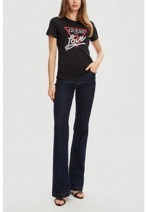 Guess - GUESS Czarny damski t-shirt Pearls Love, Rozmiar M. Kolor: czarny